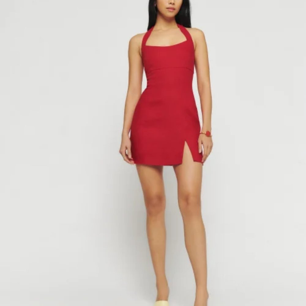 Reformation Isha Linen Dress in Cherry Pink Red